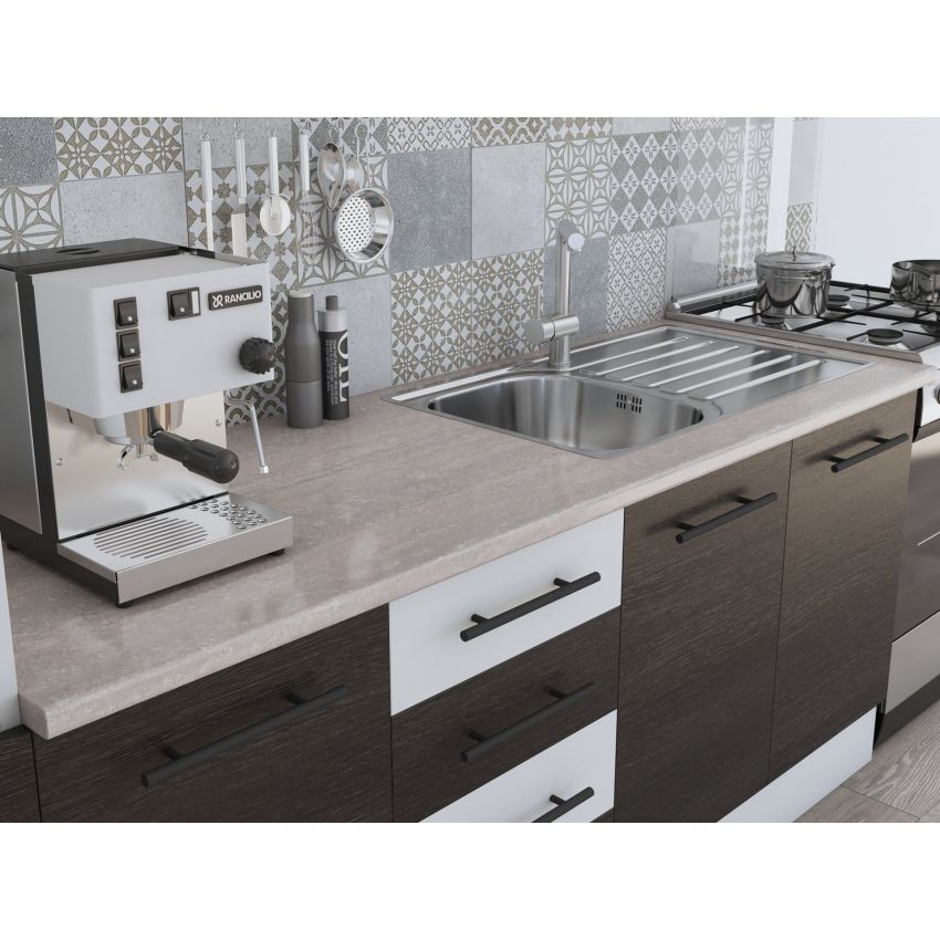 Bucatarie Alfa 300, corp hota si soldat, cu vitrina, wenge/alb, blat termic travertin