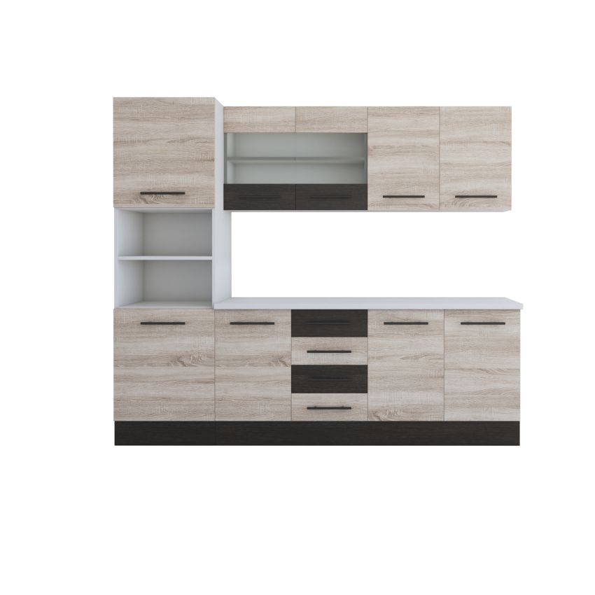 Bucatarie Alfa 240, Soldat, Cu vitrina, Sonoma/Wenge, Blat termic alb