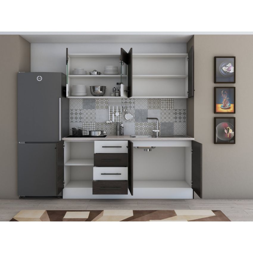 Bucatarie Alfa 180, Cu vitrina, Wenge/Alb, Blat termic travertin