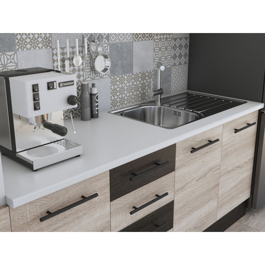 Bucatarie Alfa 240, Soldat, Cu vitrina, Sonoma/Wenge, Blat termic alb