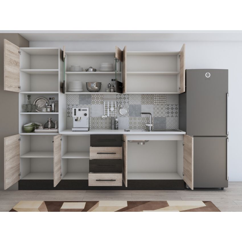 Bucatarie Alfa 240, Soldat, Cu vitrina, Sonoma/Wenge, Blat termic alb