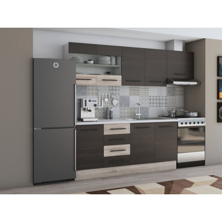 Bucatarie Alfa 240, Corp hota, Cu vitrina, Wenge/Sonoma, Blat termic alb