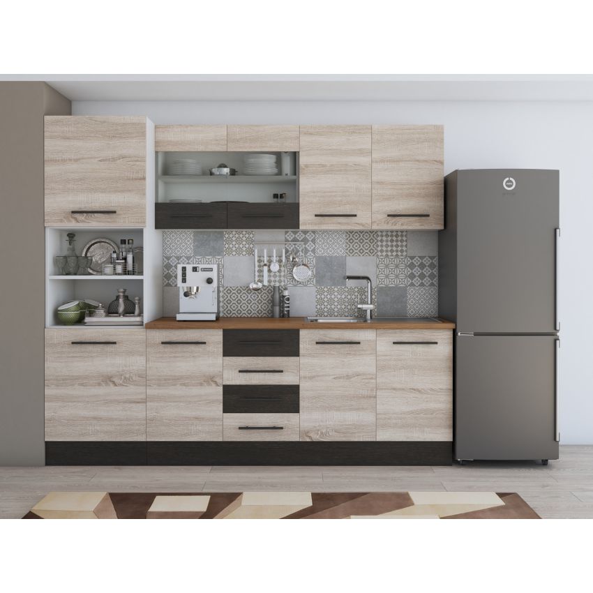 Bucatarie Alfa 240, Soldat, Cu vitrina, Alb, Blat termic nuc