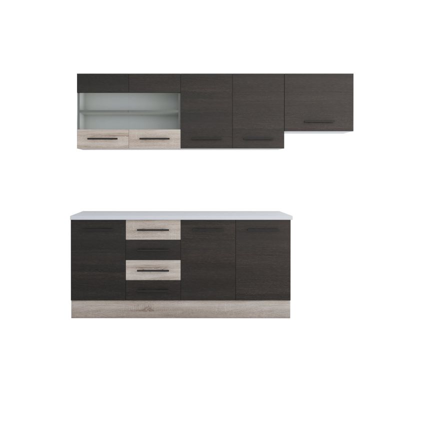 Bucatarie Alfa 240, Corp hota, Cu vitrina, Wenge/Sonoma, Blat termic alb