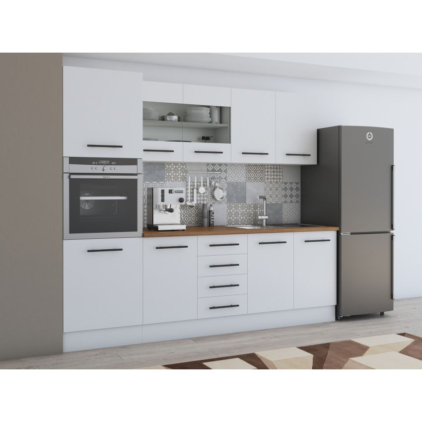 Bucatarie Alfa 240, Soldat, Cu vitrina, Alb, Blat termic nuc