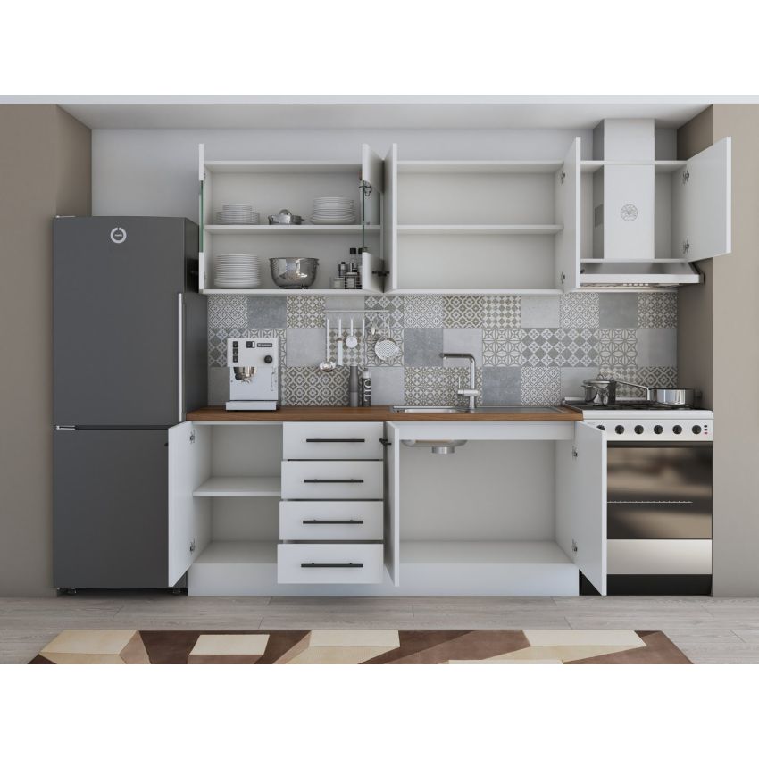 Bucatarie Alfa 240, Corp hota, Cu vitrina, Alb, Blat termic nuc