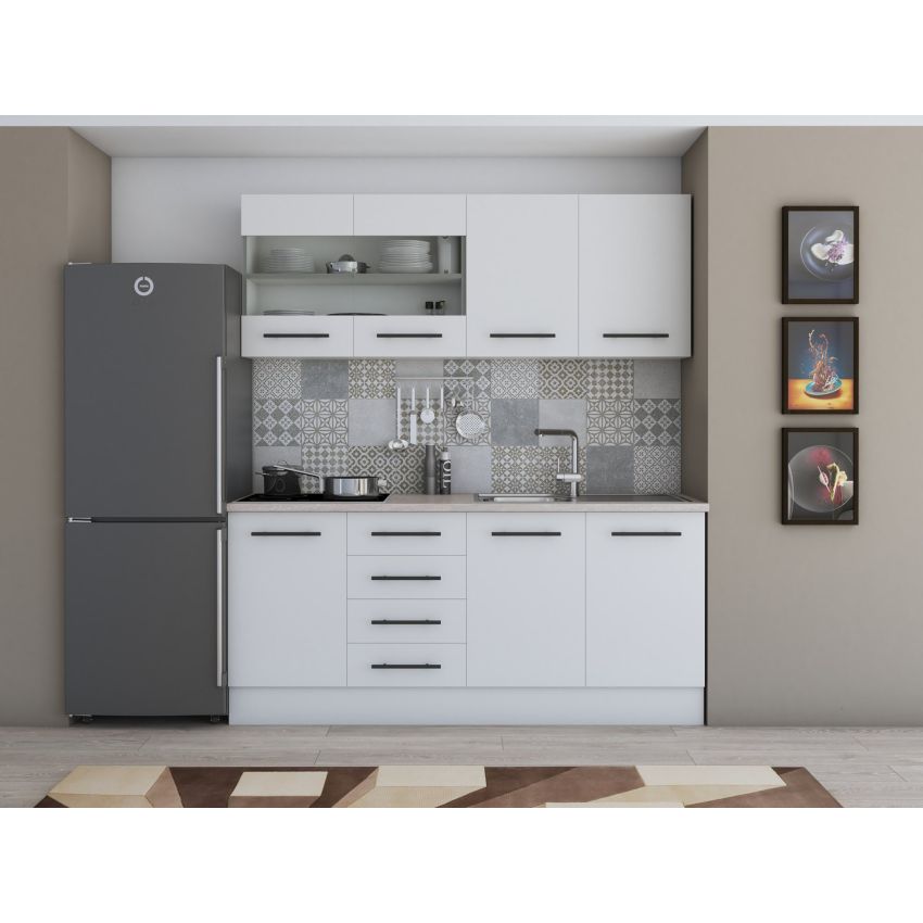 Bucatarie Alfa 180, Cu vitrina, Wenge/Alb, Blat termic travertin