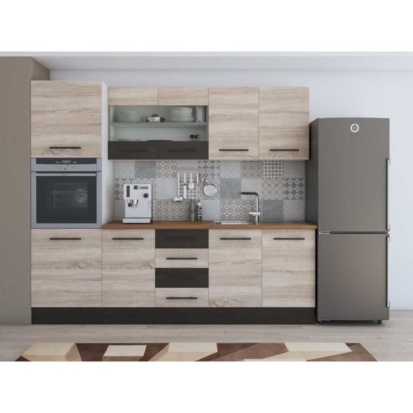 Bucatarie Alfa 240, Soldat, Cu vitrina, Sonoma/Wenge, Blat termic nuc