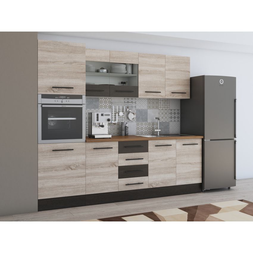 Bucatarie Alfa 240, Soldat, Cu vitrina, Sonoma/Wenge, Blat termic nuc