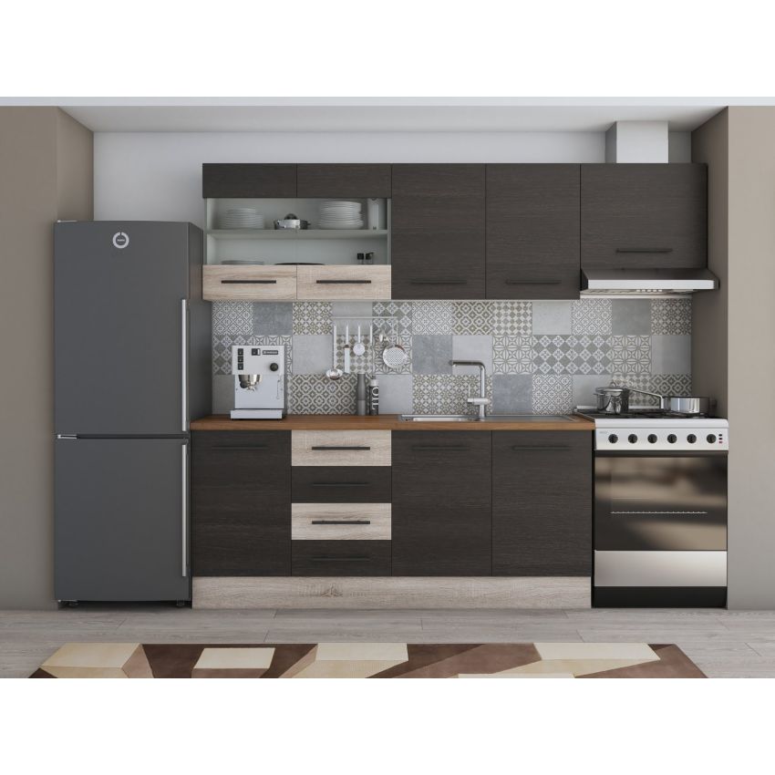 Bucatarie Alfa 240, Corp hota, Cu vitrina, Alb, Blat termic nuc
