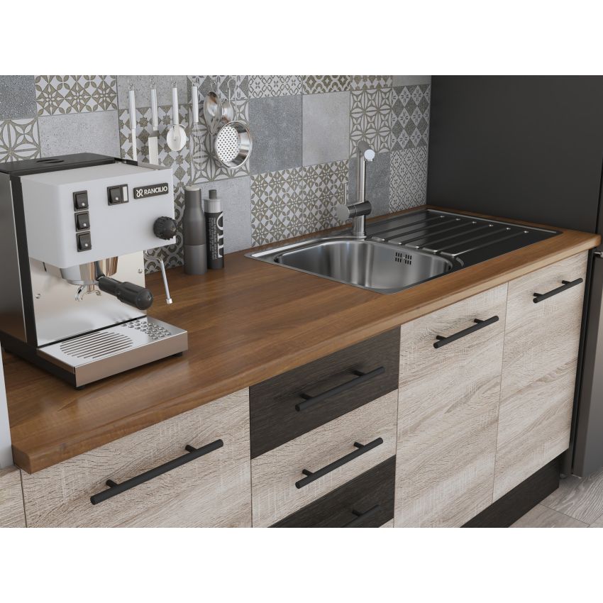 Bucatarie Alfa 240, Soldat, Cu vitrina, Sonoma/Wenge, Blat termic nuc
