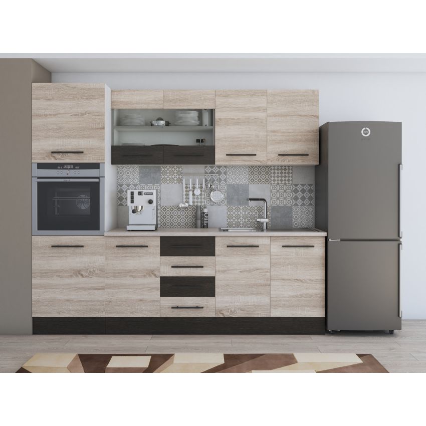 Bucatarie Alfa 240, Soldat, Cu vitrina, Sonoma/Wenge, Blat termic travertin