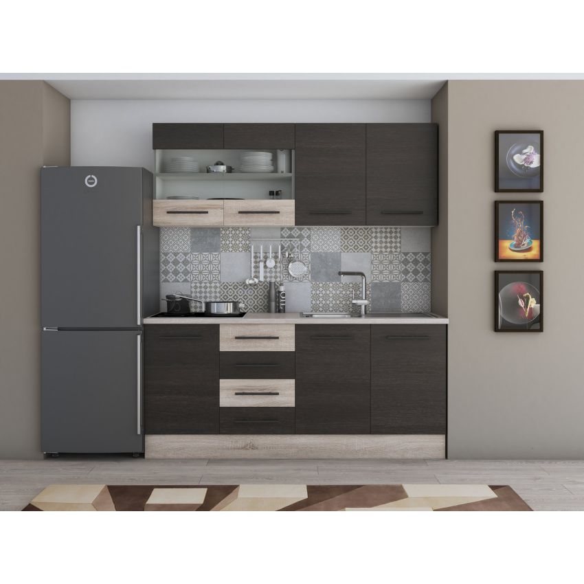 Bucatarie Alfa 180, Cu vitrina, Wenge/Alb, Blat termic travertin