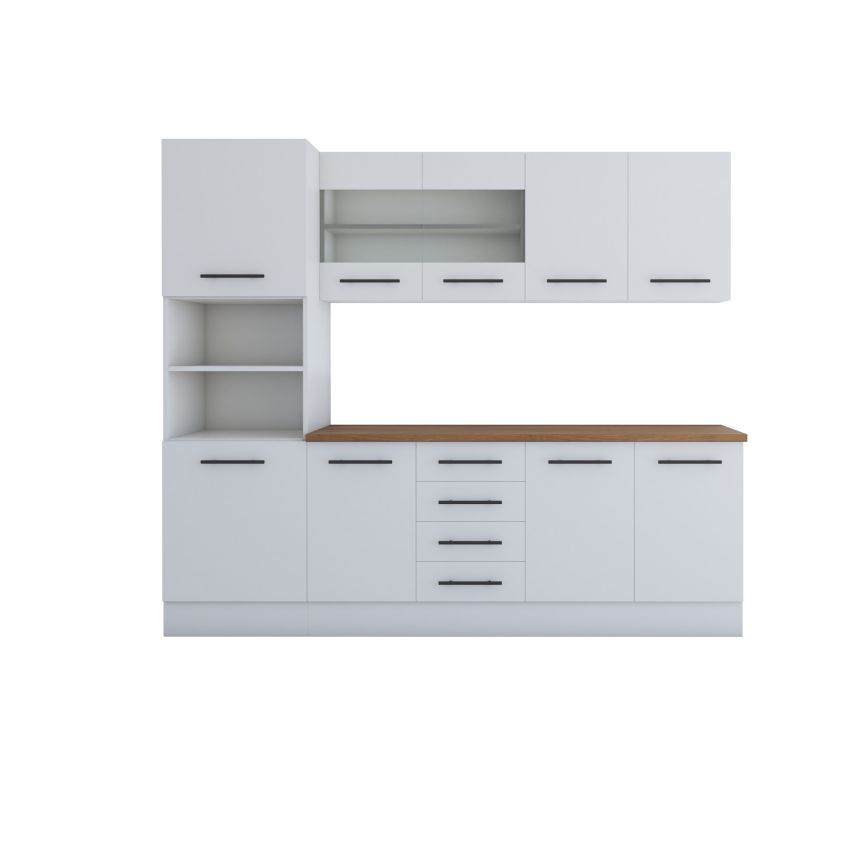 Bucatarie Alfa 240, Soldat, Cu vitrina, Alb, Blat termic nuc