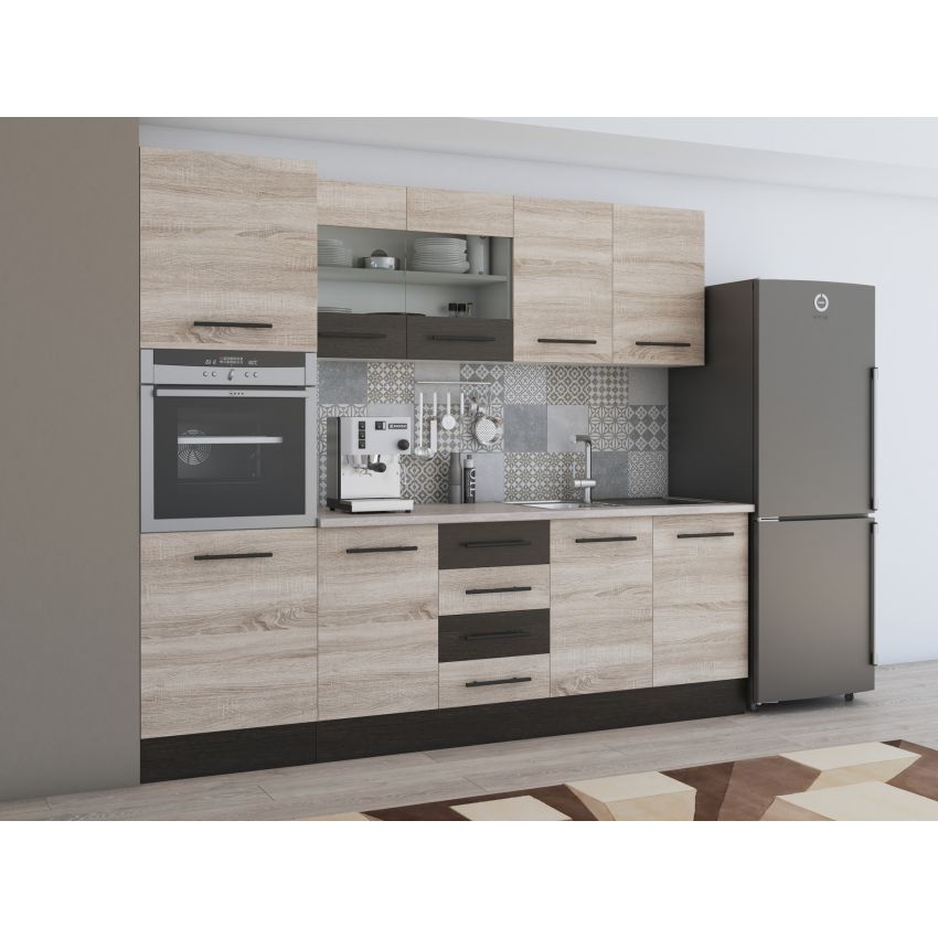 Bucatarie Alfa 240, Soldat, Cu vitrina, Sonoma/Wenge, Blat termic travertin