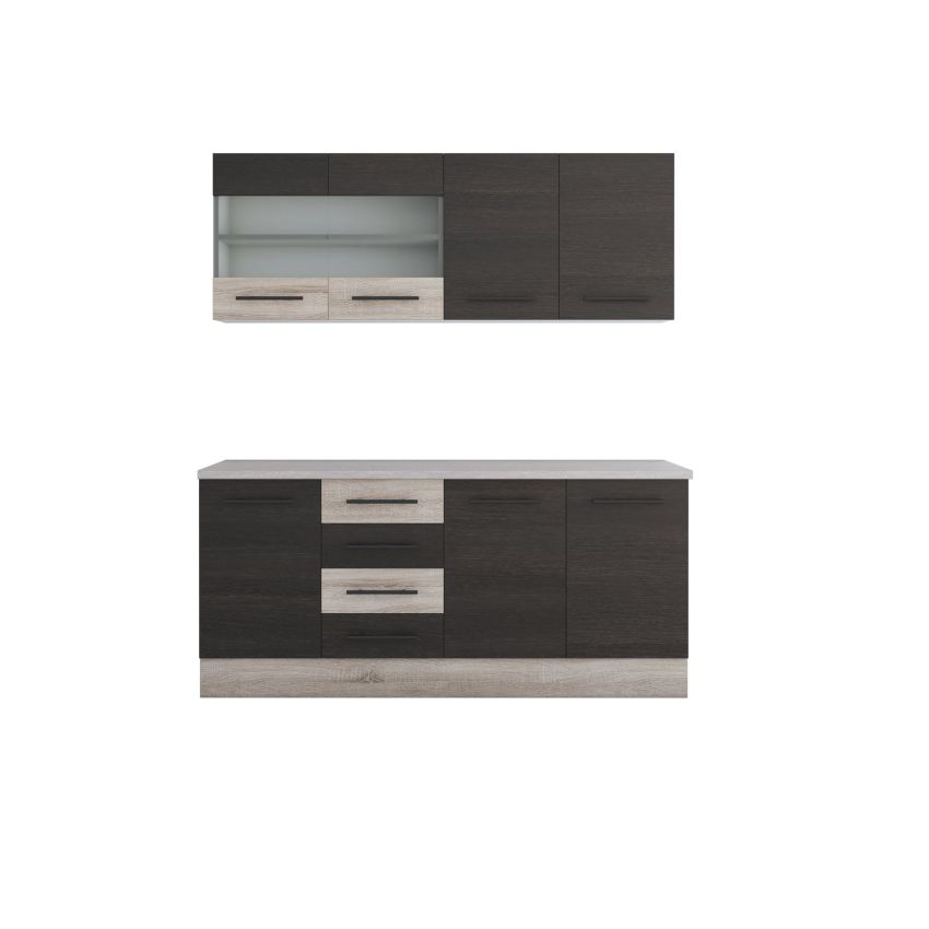Bucatarie Alfa 180, Cu vitrina, Wenge/Sonoma, Blat termic travertin