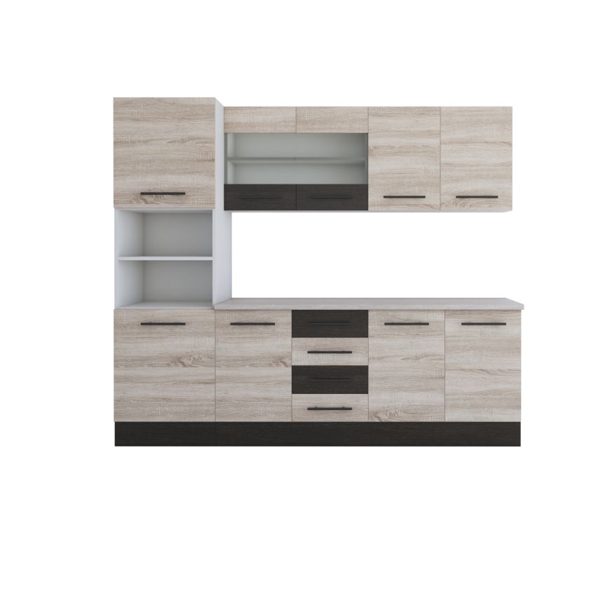 Bucatarie Alfa 240, Soldat, Cu vitrina, Sonoma/Wenge, Blat termic travertin