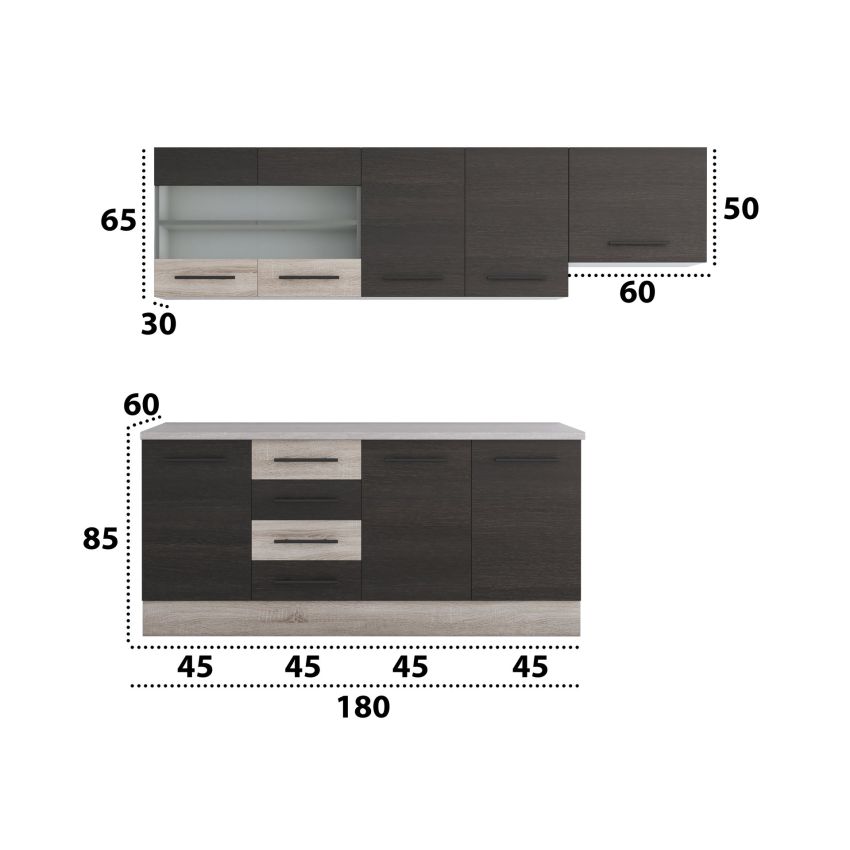 Bucatarie Alfa 240, Corp hota, Cu vitrina, Wenge/Sonoma, Blat termic travertin