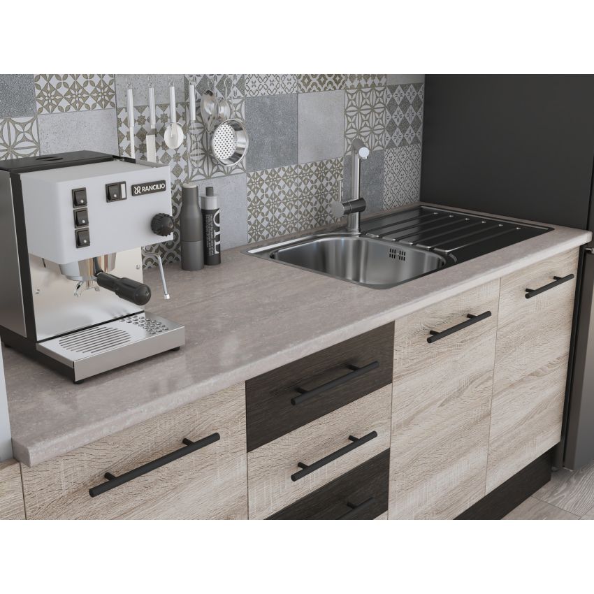 Bucatarie Alfa 240, Soldat, Cu vitrina, Sonoma/Wenge, Blat termic travertin