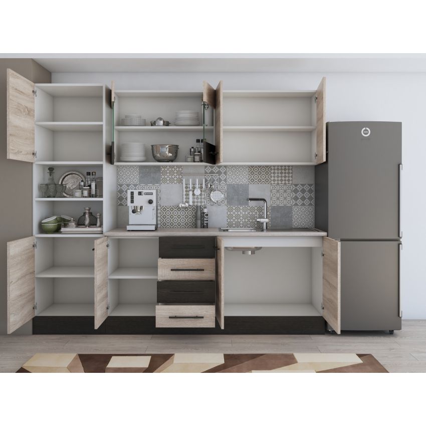 Bucatarie Alfa 240, Soldat, Cu vitrina, Sonoma/Wenge, Blat termic travertin
