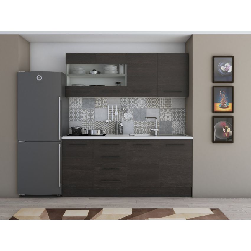 Bucatarie Alfa 180, Cu vitrina, Alb, Blat termic alb