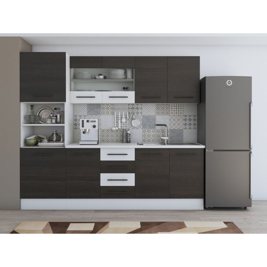 Bucatarie Alfa 240, Soldat, Cu vitrina, Alb, Blat termic alb