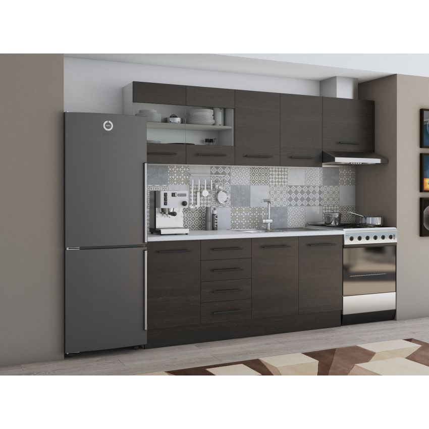 Bucatarie Alfa 240, Corp hota, Cu vitrina, Wenge, Blat termic alb
