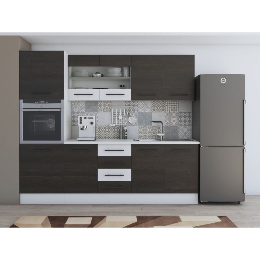 Bucatarie Alfa 240, Soldat, Cu vitrina, Wenge/Alb, Blat termic alb