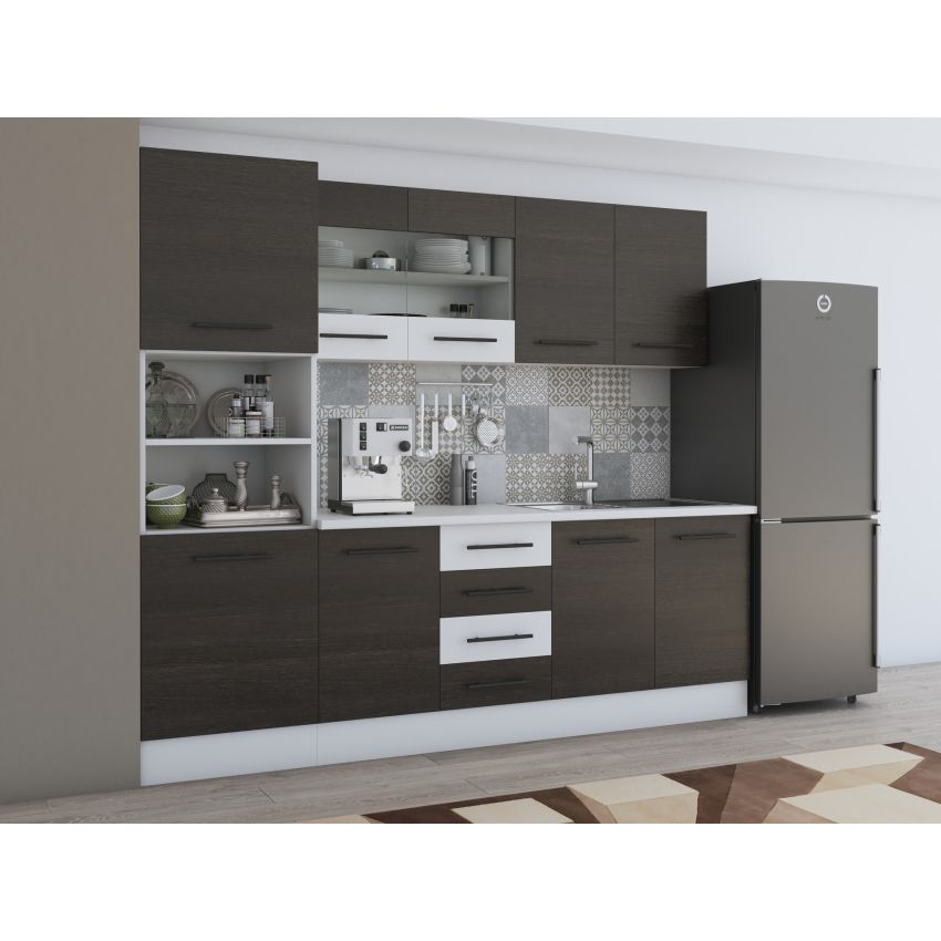 Bucatarie Alfa 240, Soldat, Cu vitrina, Wenge/Alb, Blat termic alb