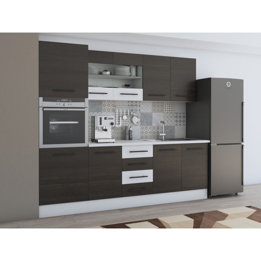 Bucatarie Alfa 240, Soldat, Cu vitrina, Wenge/Alb, Blat termic alb