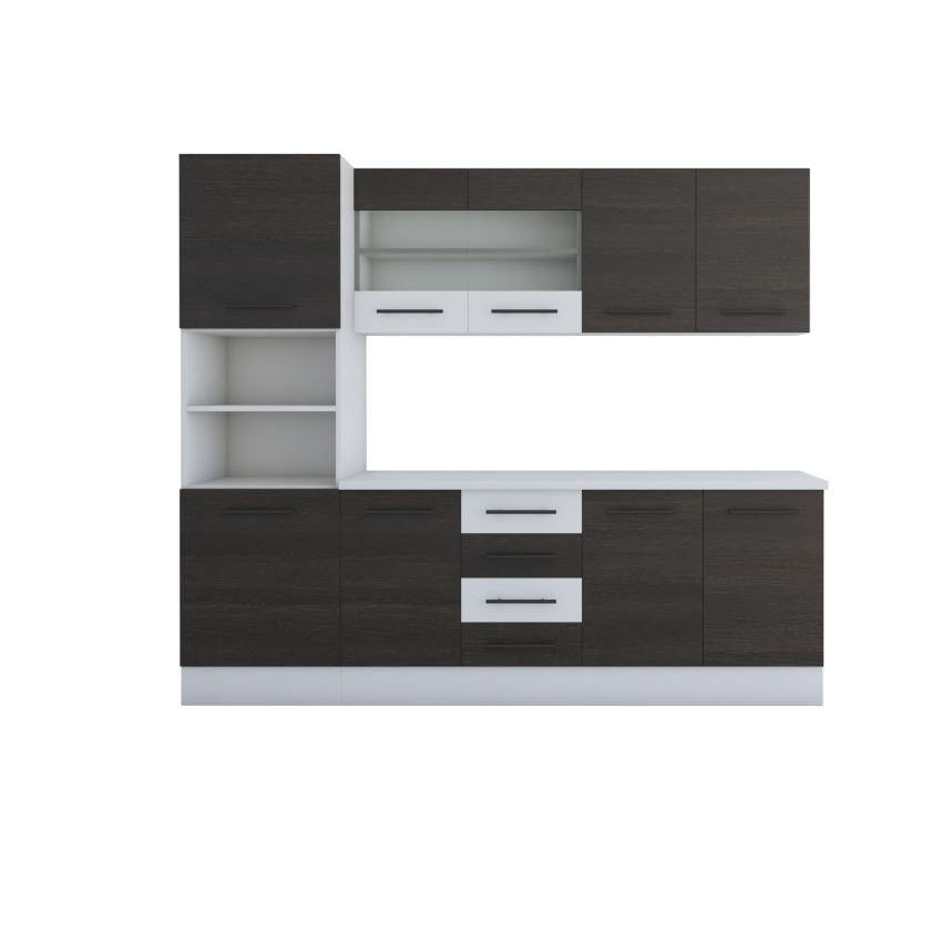 Bucatarie Alfa 240, Soldat, Cu vitrina, Wenge/Alb, Blat termic alb