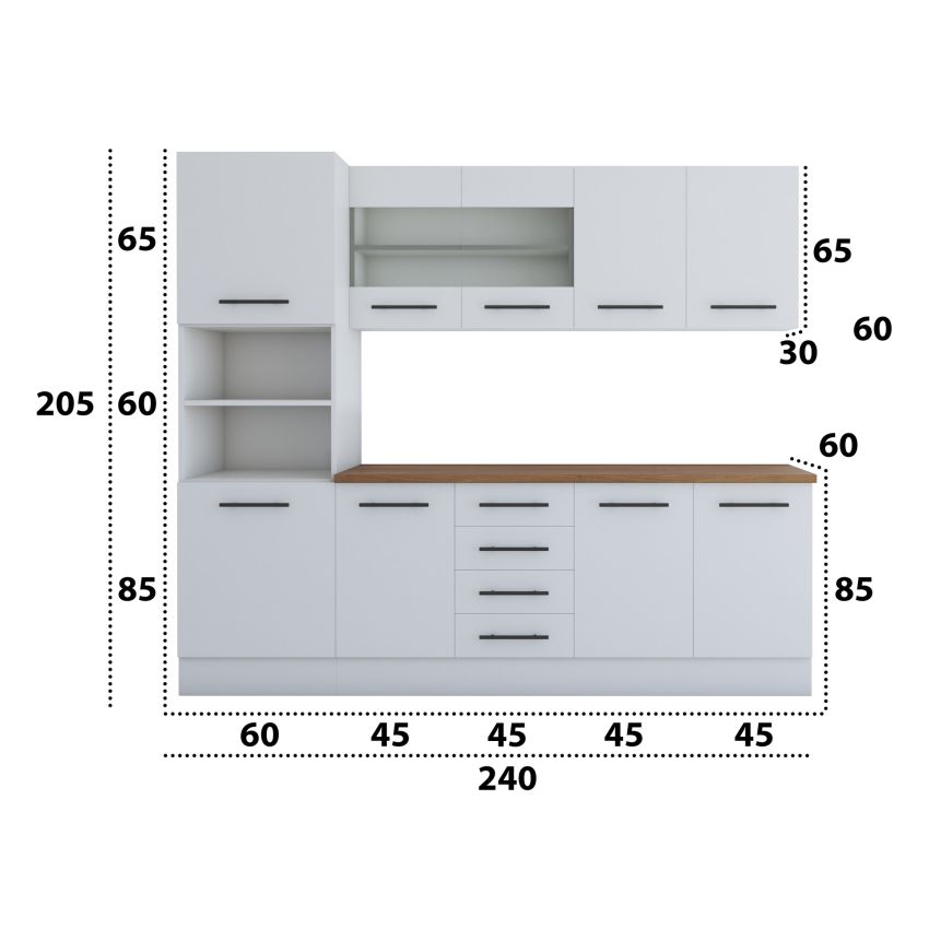 Bucatarie Alfa 240, Soldat, Cu vitrina, Alb, Blat termic nuc
