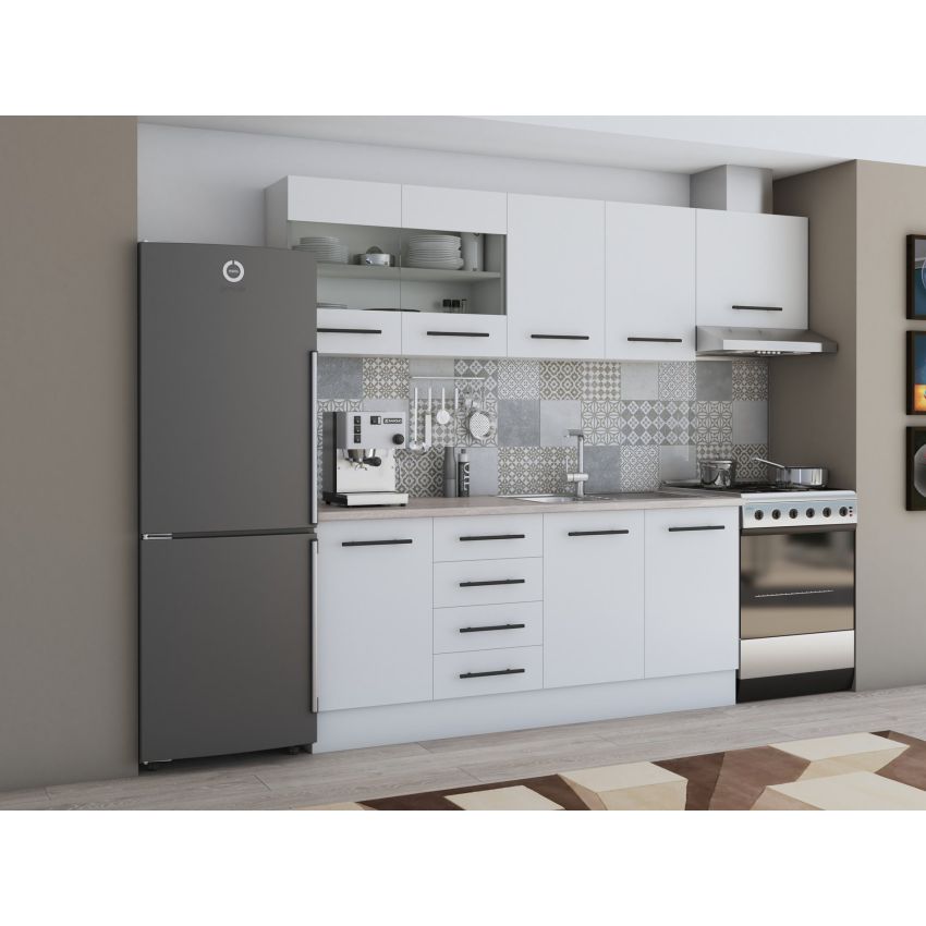 Bucatarie Alfa 240, Corp hota, Cu vitrina, Alb, Blat termic travertin