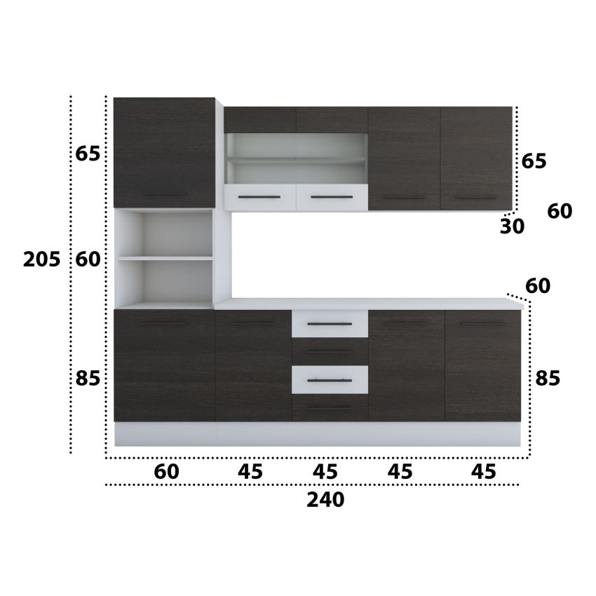 Bucatarie Alfa 240, Soldat, Cu vitrina, Wenge/Alb, Blat termic alb