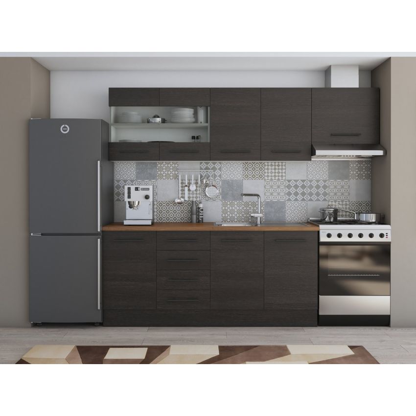 Bucatarie Alfa 240, Corp hota, Cu vitrina, Alb, Blat termic nuc