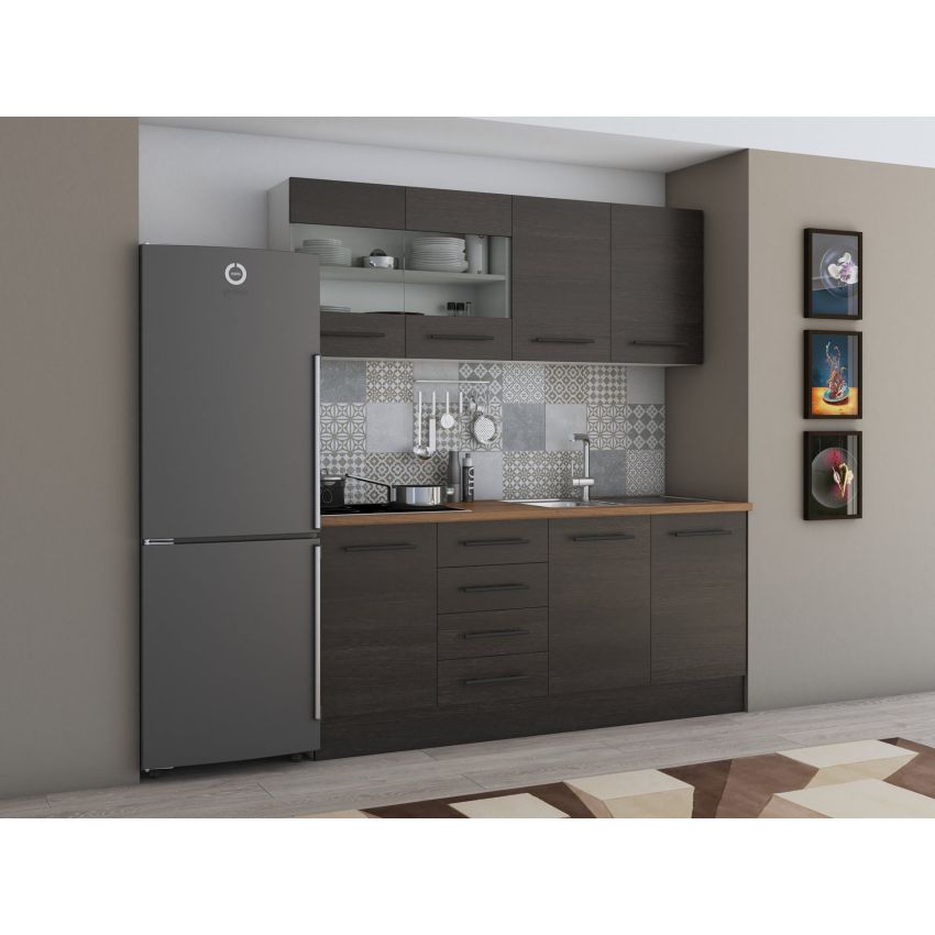 Bucatarie Alfa 180, Cu vitrina, Wenge, Blat termic nuc
