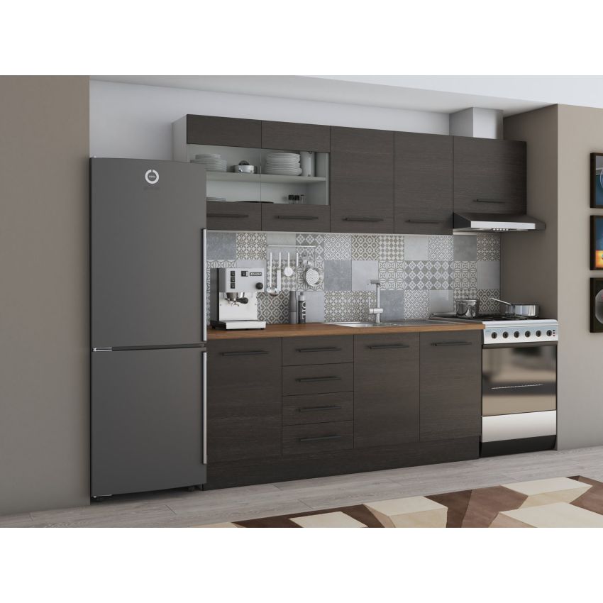Bucatarie alfa 240, corp hota, cu vitrina, wenge, blat termic nuc