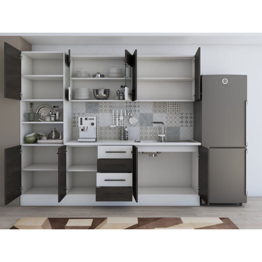 Bucatarie Alfa 240, Soldat, Cu vitrina, Wenge/Alb, Blat termic alb