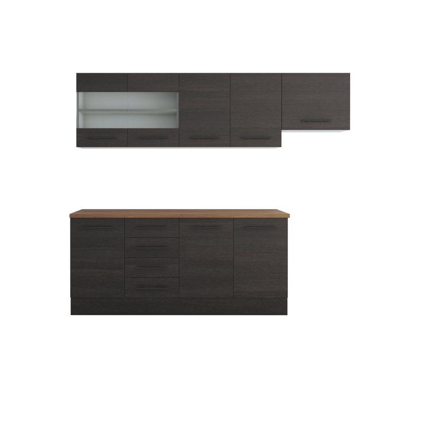 Bucatarie alfa 240, corp hota, cu vitrina, wenge, blat termic nuc