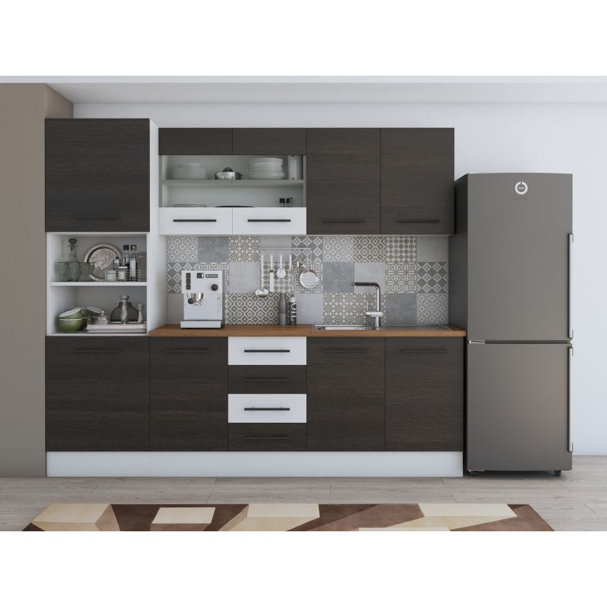 Bucatarie Alfa 240, Soldat, Cu vitrina, Alb, Blat termic nuc