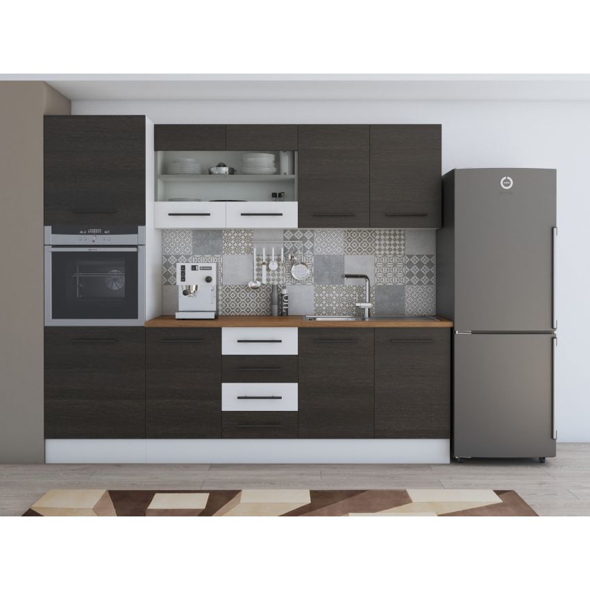 Bucatarie Alfa 240, Soldat, Cu vitrina, Wenge/Alb, Blat termic nuc