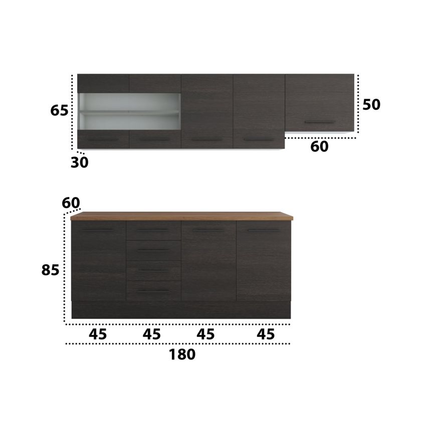 Bucatarie alfa 240, corp hota, cu vitrina, wenge, blat termic nuc