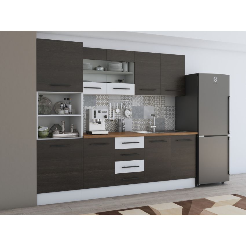 Bucatarie Alfa 240, Soldat, Cu vitrina, Wenge/Alb, Blat termic nuc