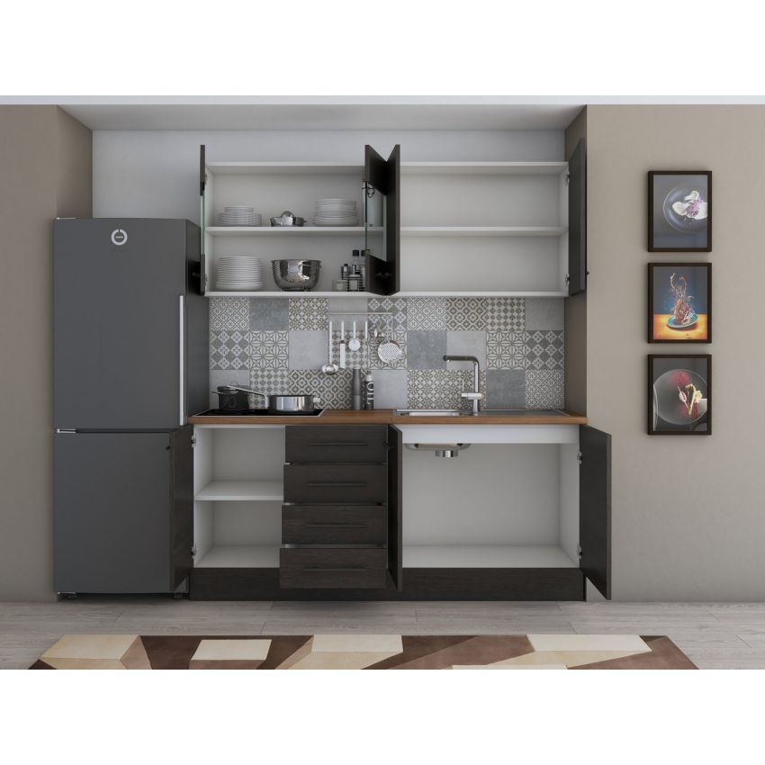 Bucatarie Alfa 180, Cu vitrina, Wenge, Blat termic nuc