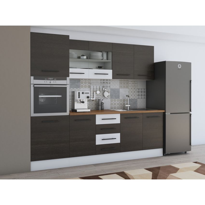 Bucatarie Alfa 240, Soldat, Cu vitrina, Wenge/Alb, Blat termic nuc