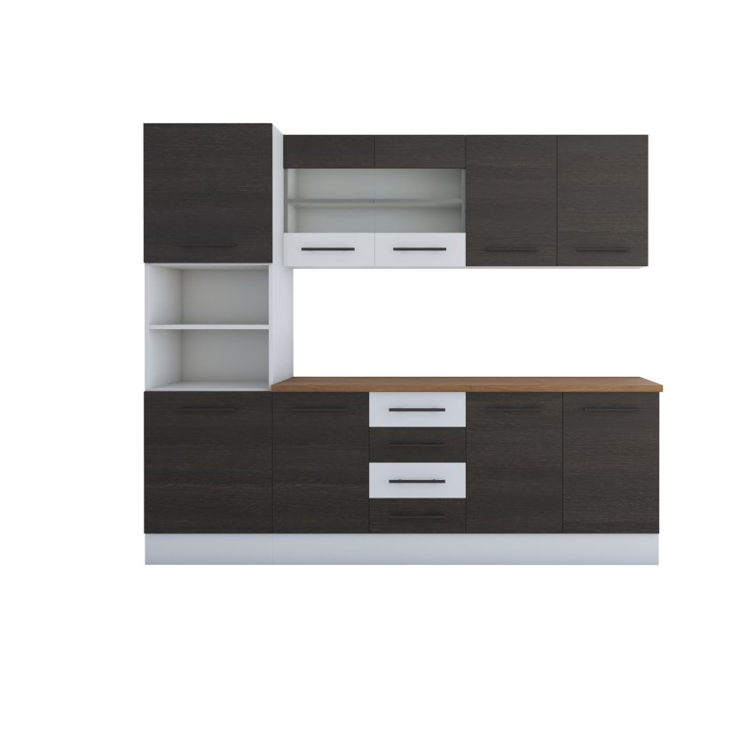 Bucatarie Alfa 240, Soldat, Cu vitrina, Wenge/Alb, Blat termic nuc