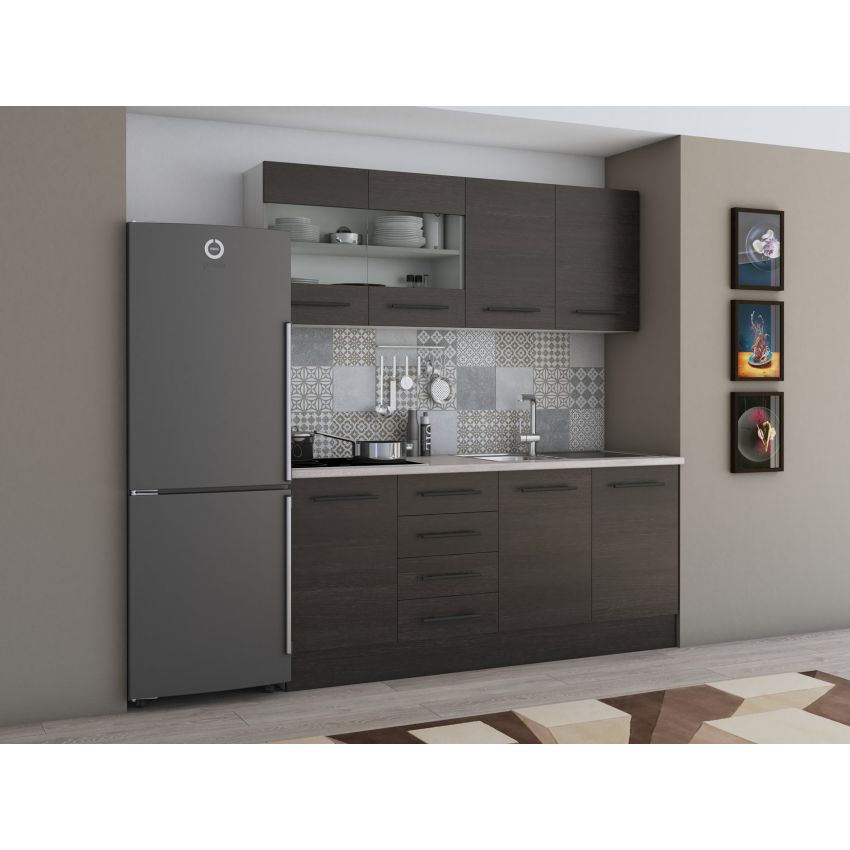 Bucatarie Alfa 180, Cu vitrina, Wenge, Blat termic travertin