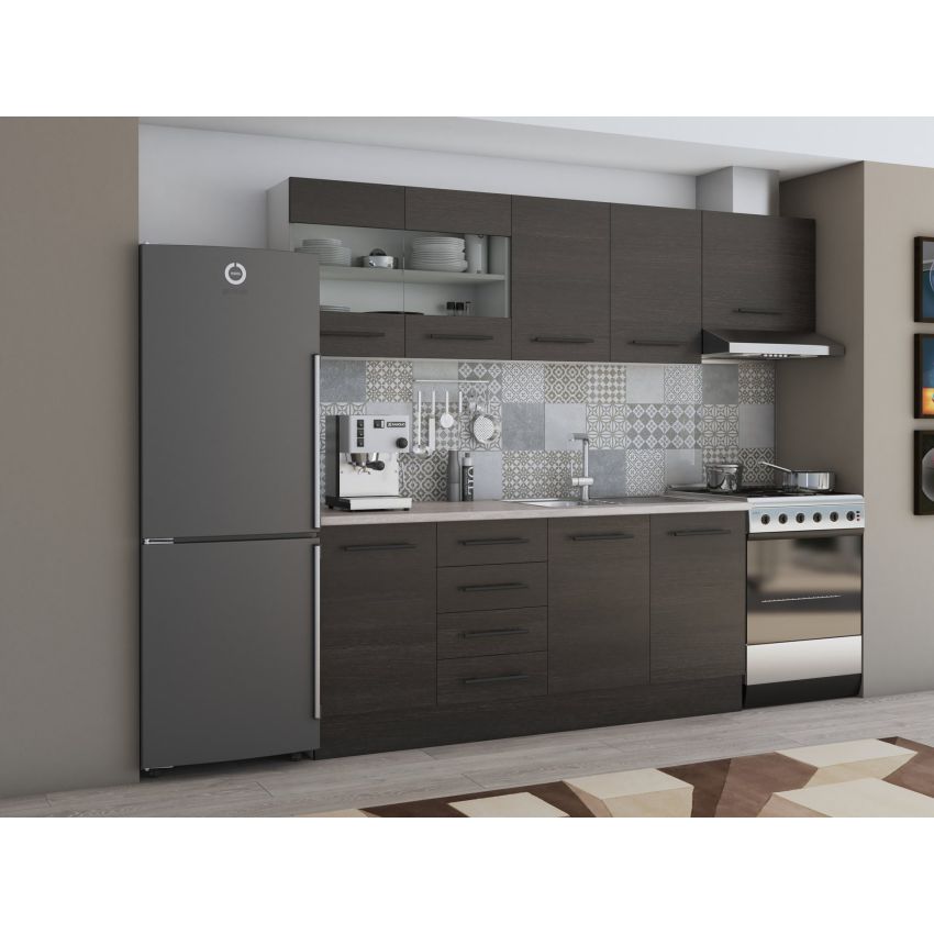 Bucatarie alfa 240, corp hota, cu vitrina, wenge, blat termic travertin