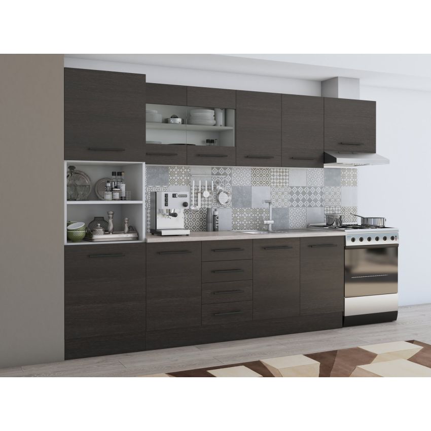 Bucatarie Alfa 300, corp hota si soldat, cu vitrina, wenge, blat termic travertin