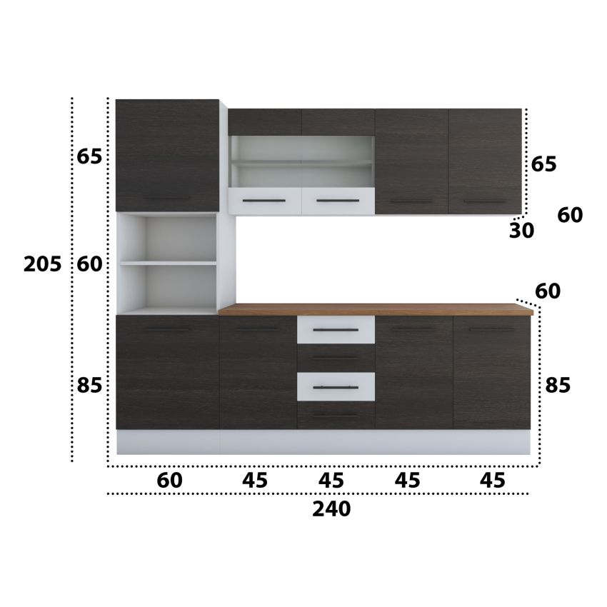 Bucatarie Alfa 240, Soldat, Cu vitrina, Wenge/Alb, Blat termic nuc